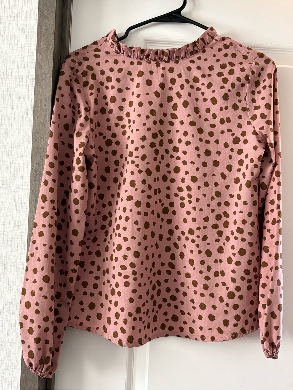 Girls' Pink Long-Sleeve Ruffle Neck Top with Brown Spot Print